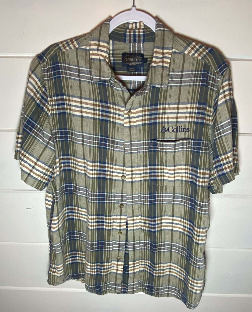 Pendleton Woolen Mills Collins Embroidered Plaid Short Sleeve Button Up Shirt Gr